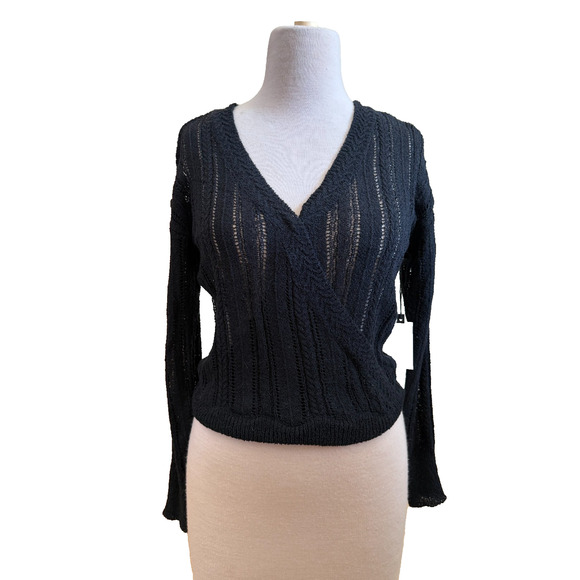 ASTR The Label Pointelle Wrap Front Black Sweater – Size M – New with Tags - Picture 1 of 3